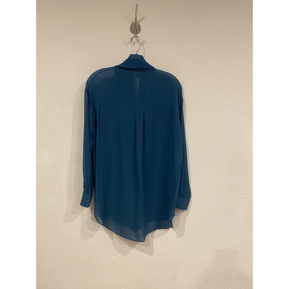 Eileen Fisher Tie Neck Tunic Shirt Womens XS Blue Sheer Button Blouse Top - Picture 4 of 4